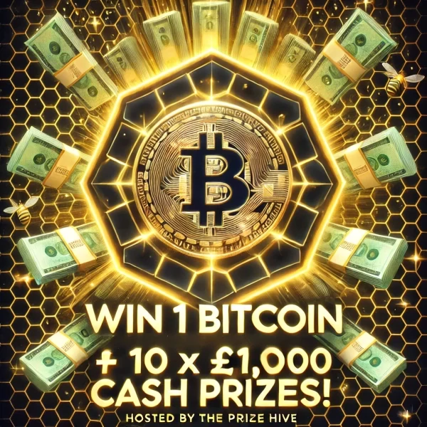 Win 1 Bitcoin + 10 £1,000 Cash Prizes! 🪙💸 promotional image