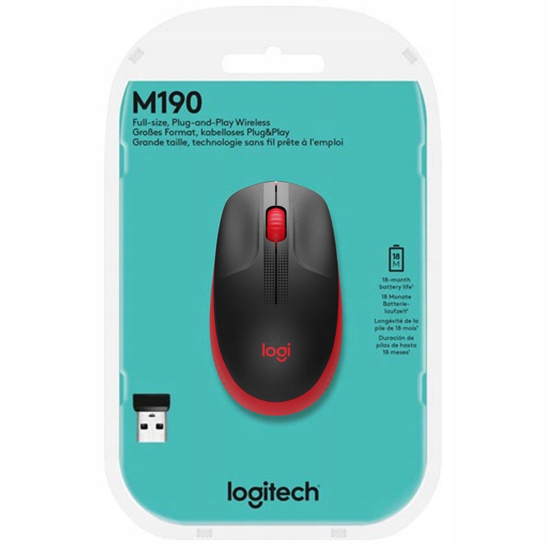 Mysz Logitech M190 Red - widok z odbiornikiem USB