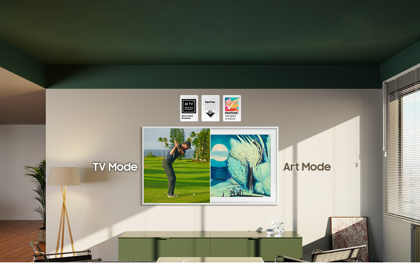 Telewizor Samsung The Frame z widocznym pilotem i portami USB