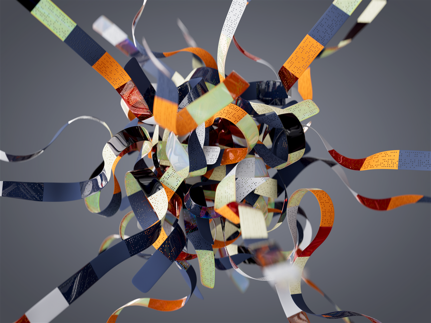 Colorful 3D ribbons swirl in a dynamic abstract digital art