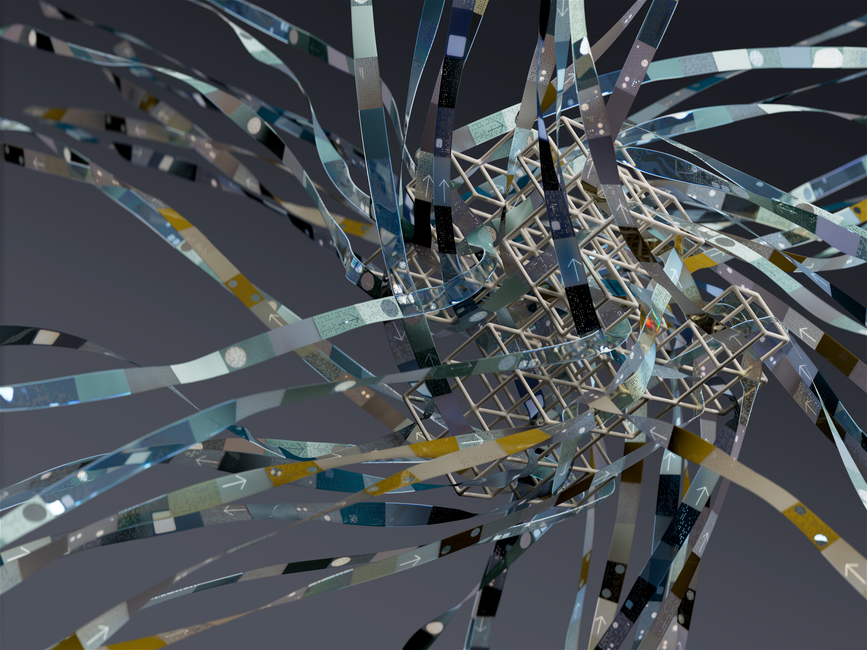 Intricate wireframe with dynamic ribbons in an abstract 3D composition