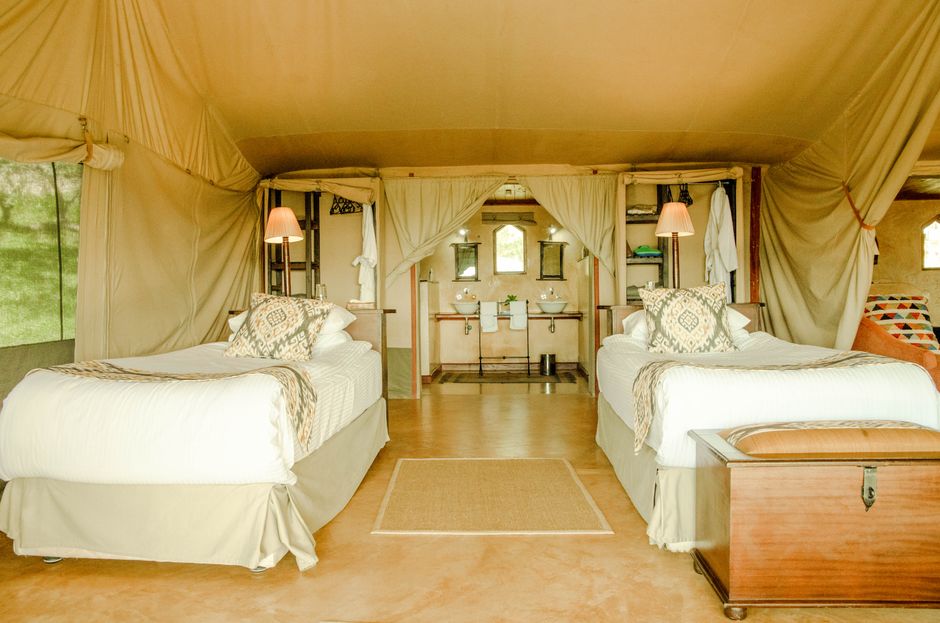 Elegant safari tent interior with twin beds and rustic decor