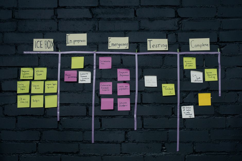 Office Kanban board with sticky notes