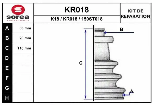Bellow Kit, drive shaft (KR018)