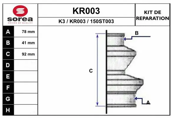 Bellow Kit, drive shaft (KR003)