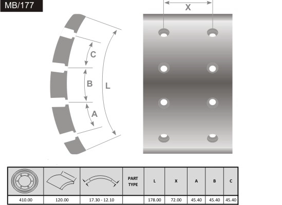Brake Lining, drum brake (MB/177)