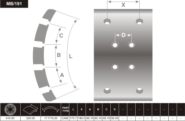 Brake Lining, drum brake (MB/191)