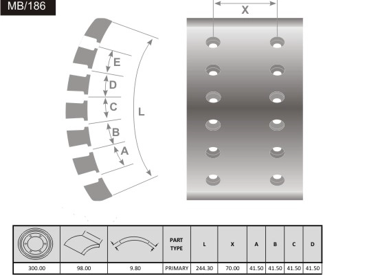 Brake Lining, drum brake (MB/186)