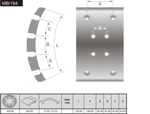 Brake Lining, drum brake (MB/184)