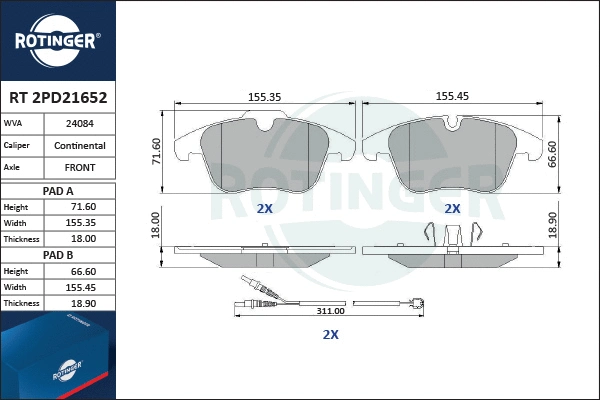 Brake Pad Set, disc brake (RT 2PD21652)