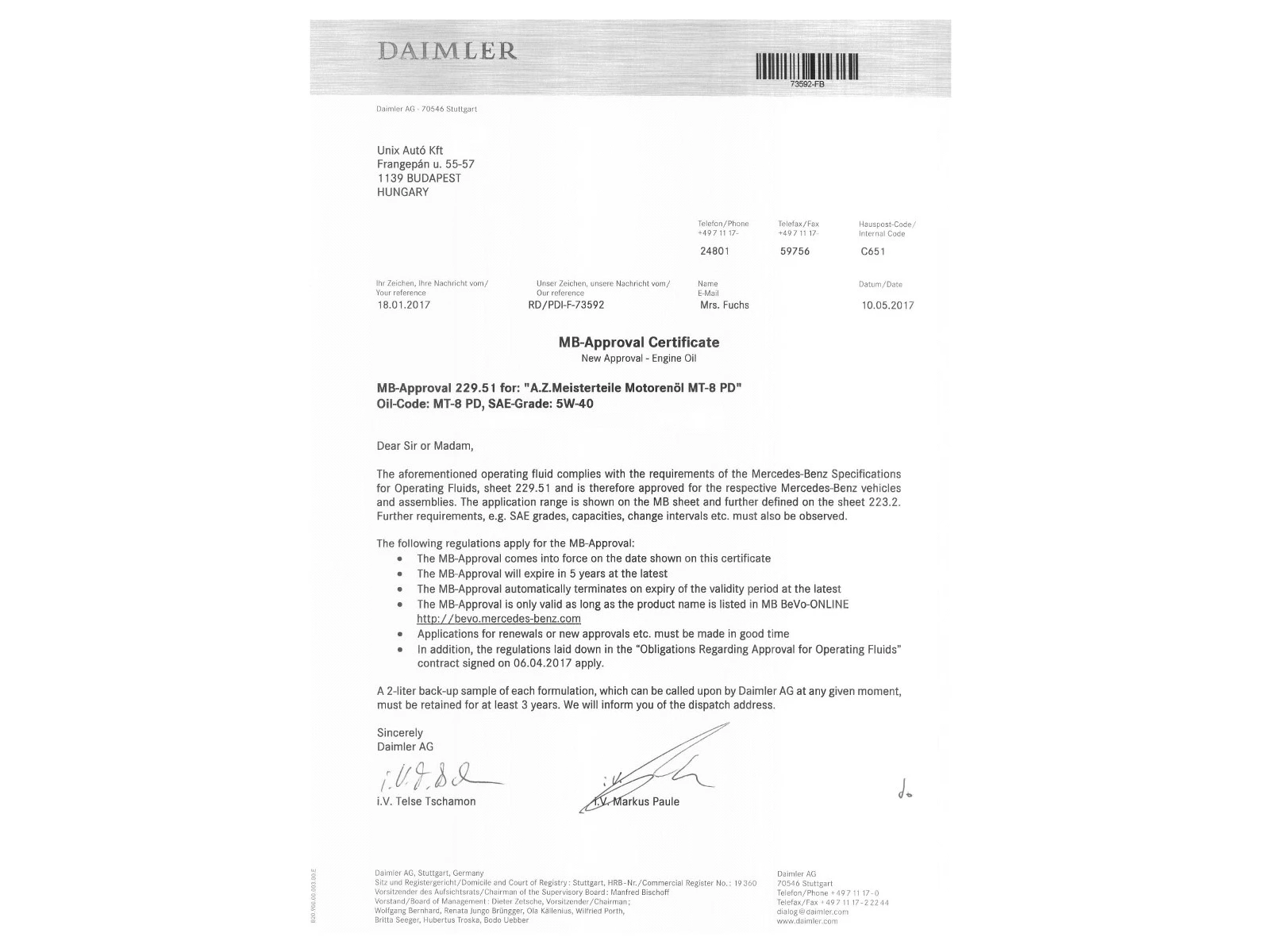 Engine Oil (MT-8 PD 5W-40 1L)