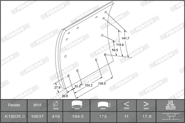 Brake Lining Kit, drum brake (K19036.2-F3658)