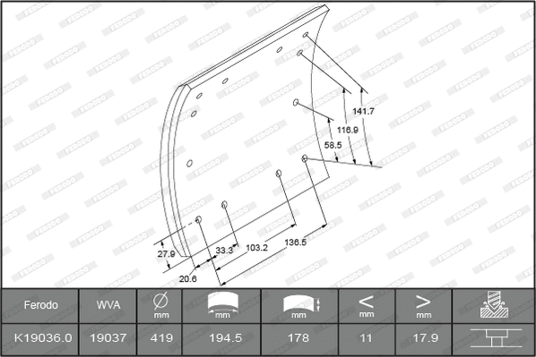 Brake Lining Kit, drum brake (K19036.0-F3658)
