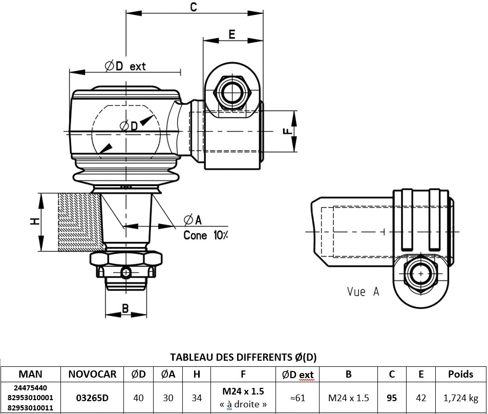 Angled Ball Joint, steering drag link (03265D)