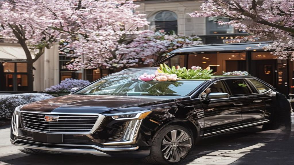 Chicago Mother's Day luxury Cadillac SUV service with spring tulip and peony bouquet