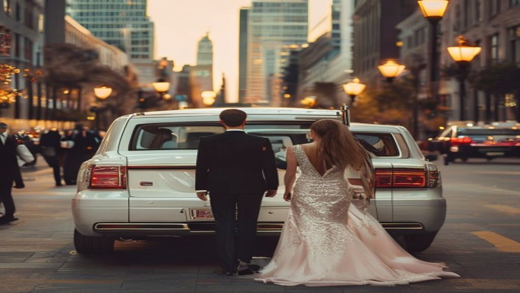 Chicago prom limo service - white stretch limousine on the Magnificent Mile at golden hour