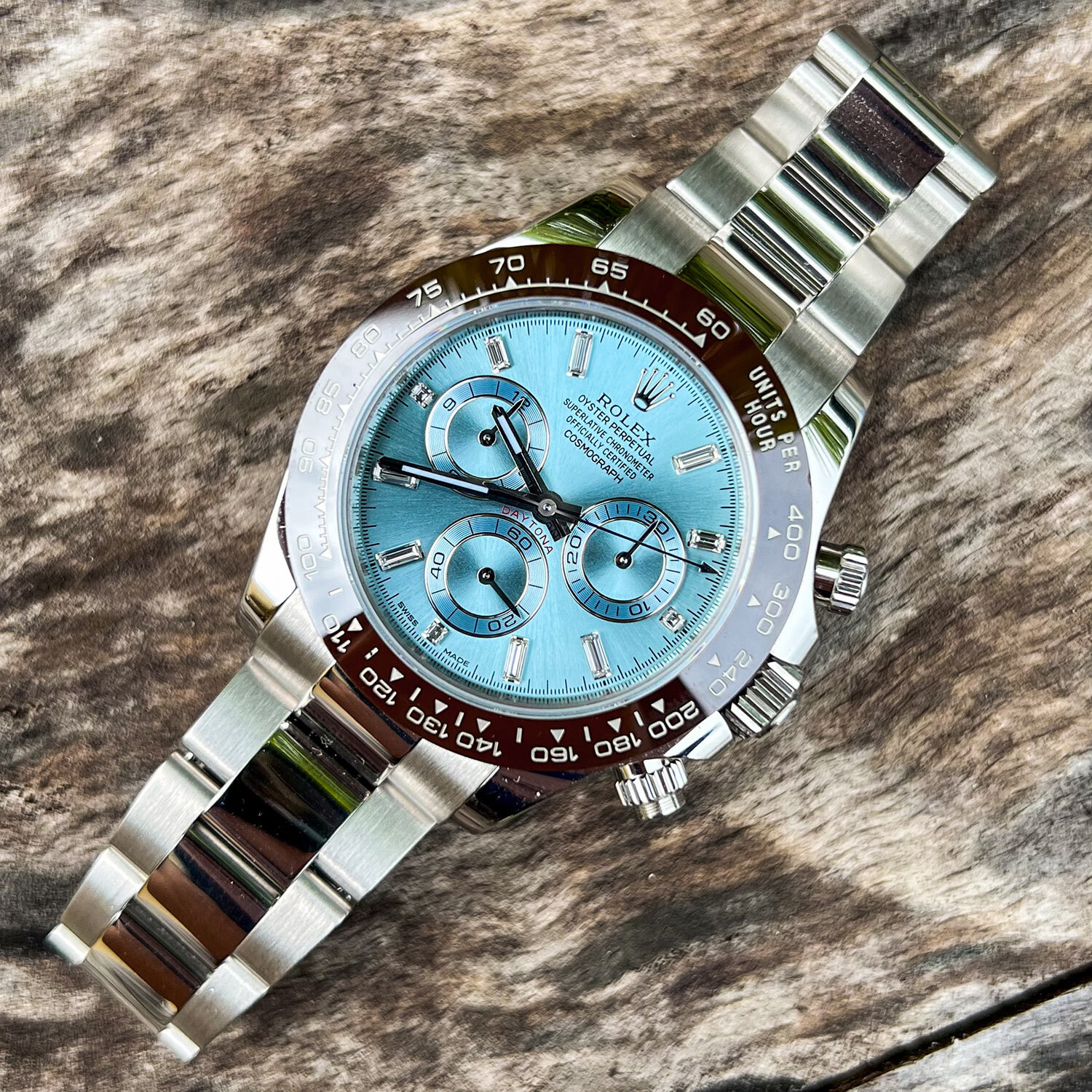 Rolex Cosmograph Daytona in platinum with an ice-blue dial