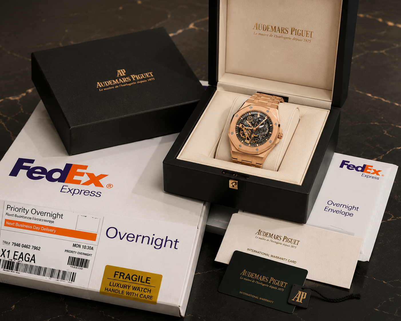 A watch packed for insured FedEx overnight shipping