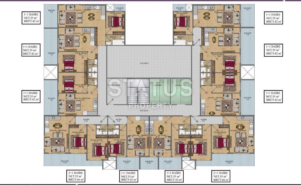 Две квартиры 1+1 в строящемся комплексе в районе Махмутлар, 42 м2. фото 7