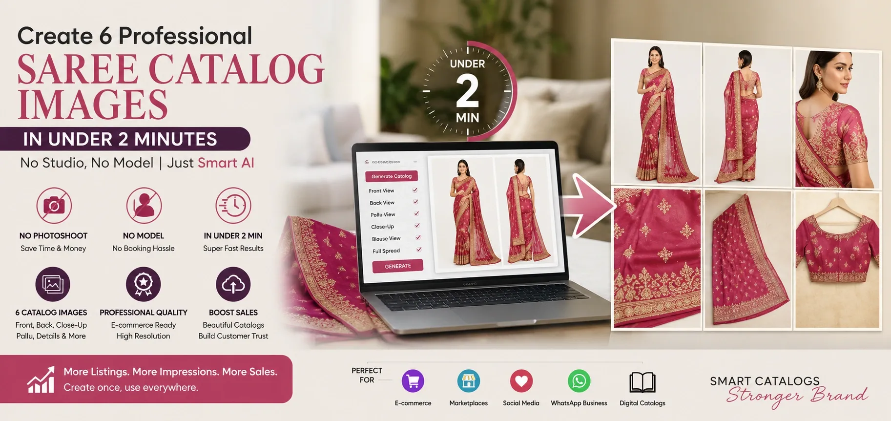 How to Create 6 Professional Saree Catalog Images in Under 2 Minutes — No Studio, No Model