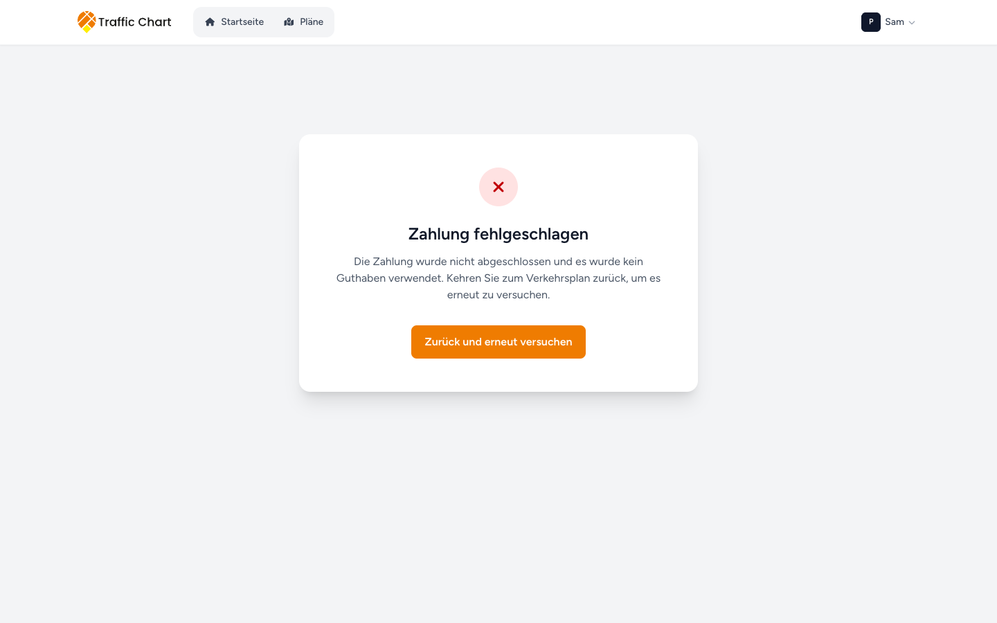 Zahlungsstatus: Zahlung fehlgeschlagen, Zurück und erneut versuchen