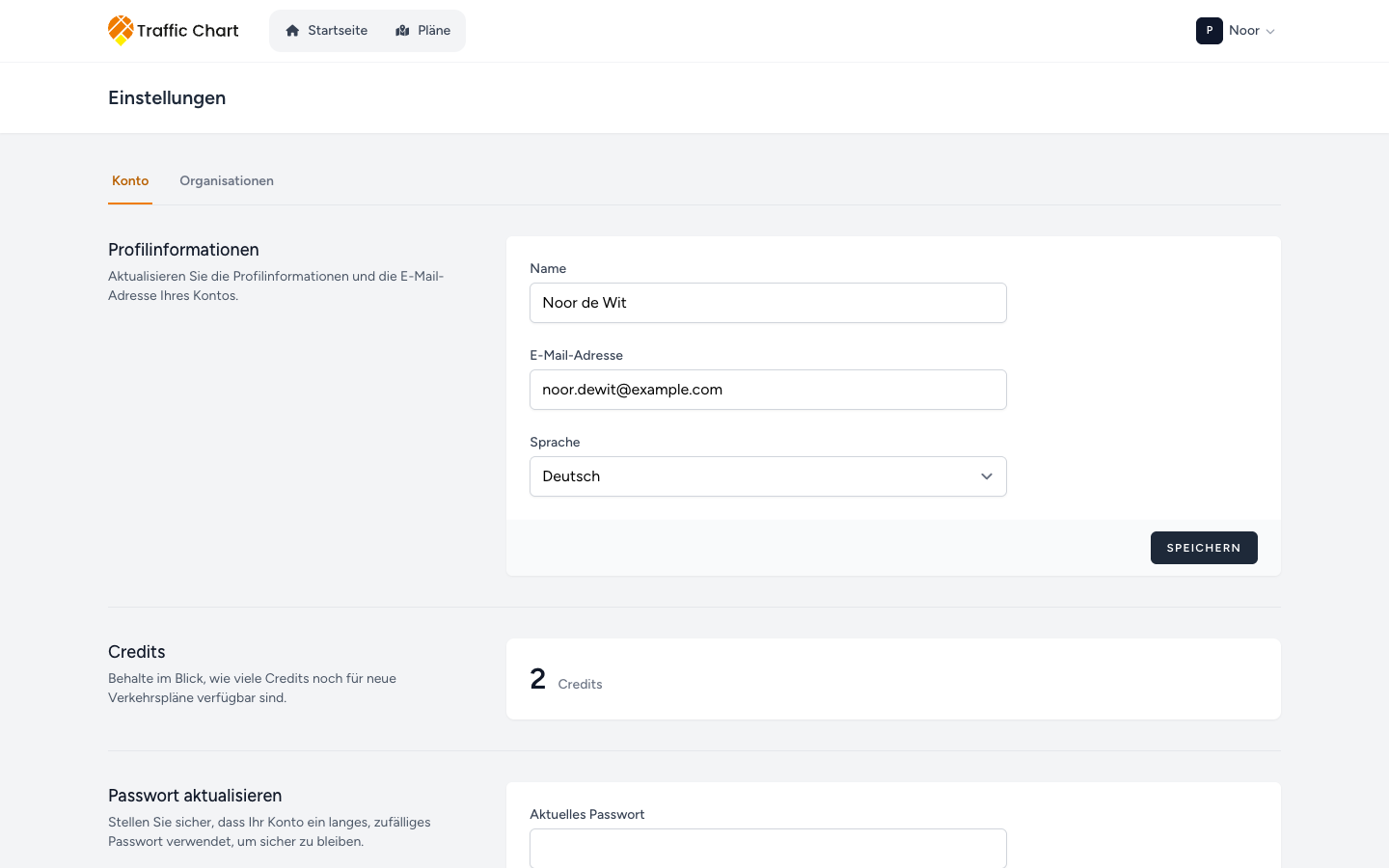 Einstellungen mit den Tabs Konto und Organisationen, Profilinformationen und Firmenlogo