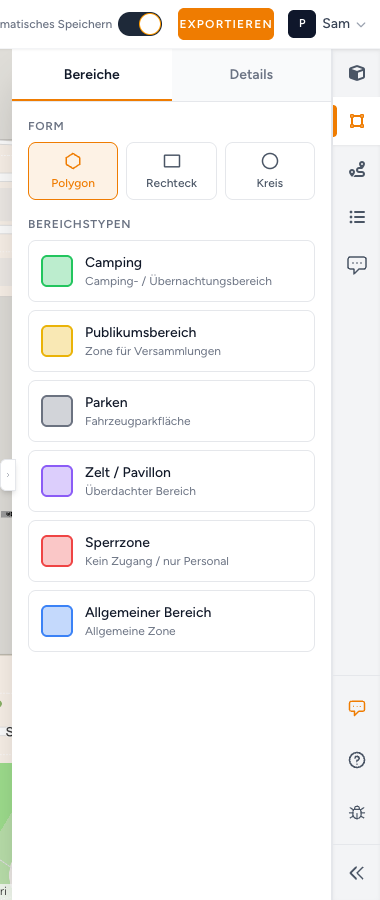 Bereich Bereiche mit den Bereichstypen, die Sie zeichnen können