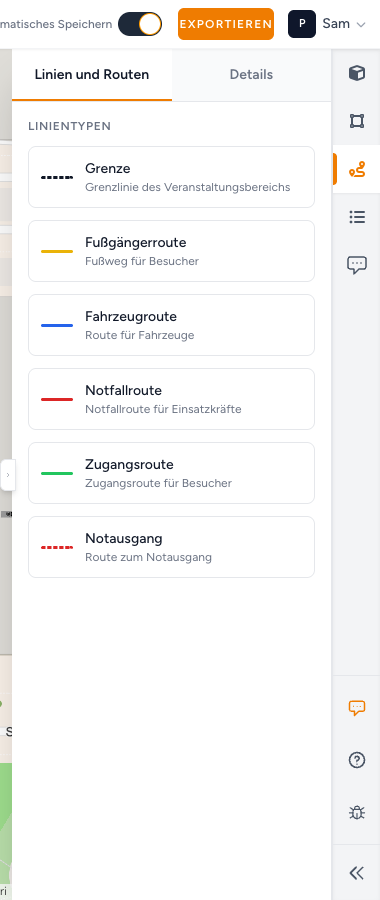 Bereich Linien und Routen mit den Routentypen, die Sie zeichnen können