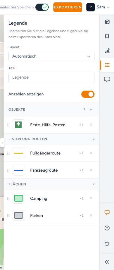 Seitenleiste Legende mit Titel, Anzahlen anzeigen, Fußgängerroute, Fahrzeugroute, Camping und Publikumsbereich