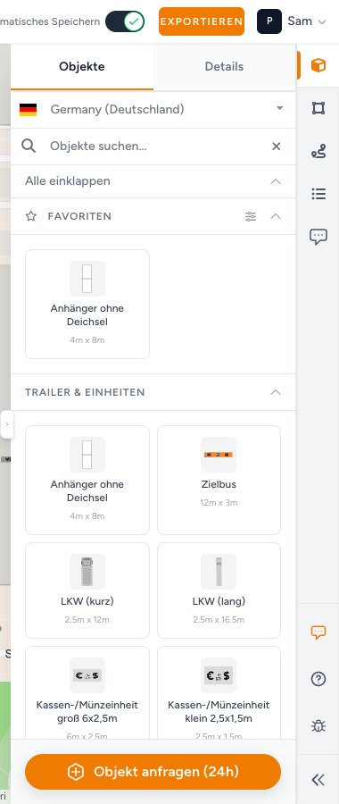 Objektkatalog mit der Gruppe Favoriten ganz oben, mit den von Ihnen markierten Objekten