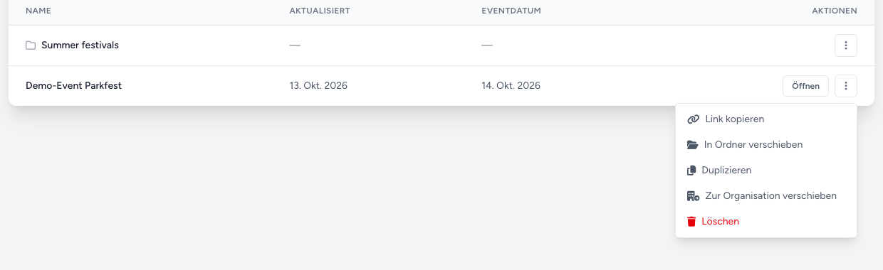 Menü mit Aktionen in der Zeile eines Eventplans: Link kopieren, In Ordner verschieben, Duplizieren, Zur Organisation verschieben, Löschen