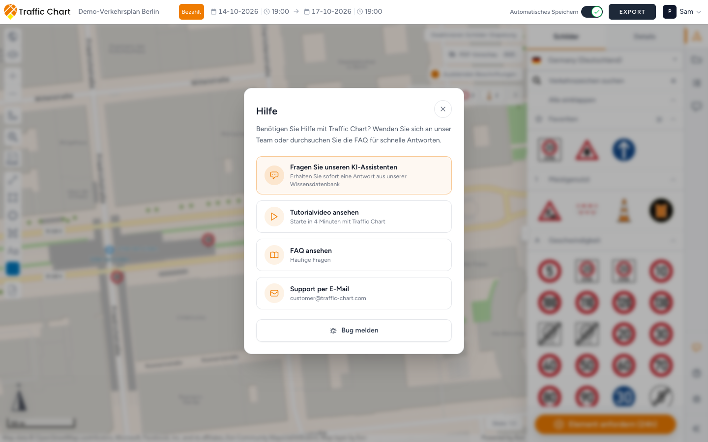 Dialog Hilfe mit Fragen Sie unseren KI-Assistenten ganz oben, über Tutorialvideo ansehen, FAQ ansehen und Support per E-Mail