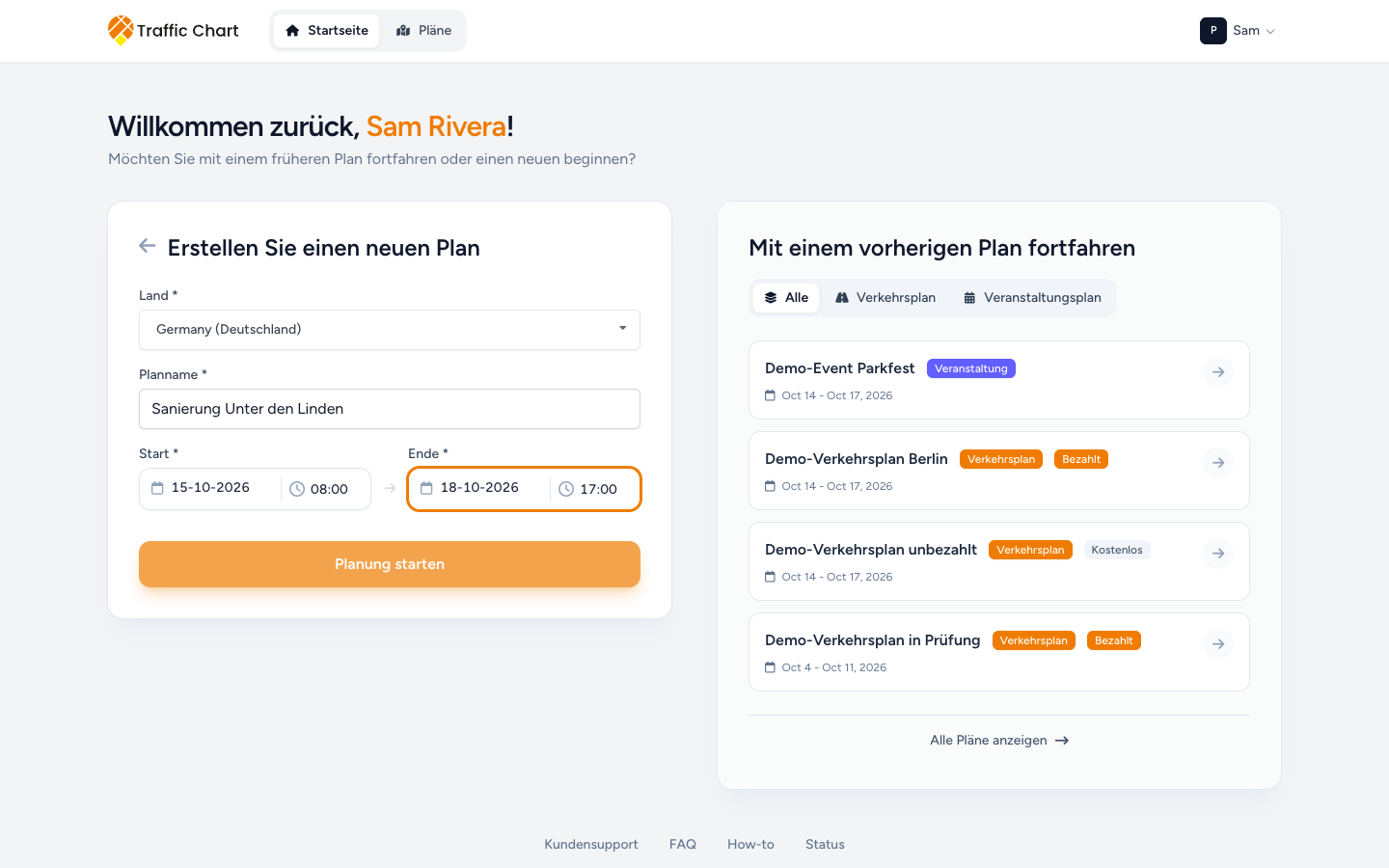 Formular für einen neuen Verkehrsplan mit Land, Planname, Start, Ende und Planung starten
