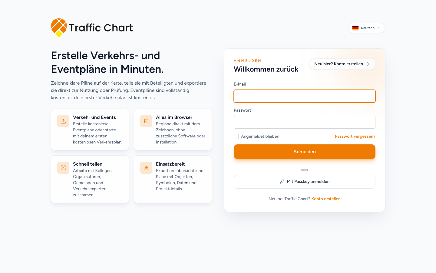 Anmeldefenster mit E-Mail, Passwort, Anmelden und Mit Passkey anmelden