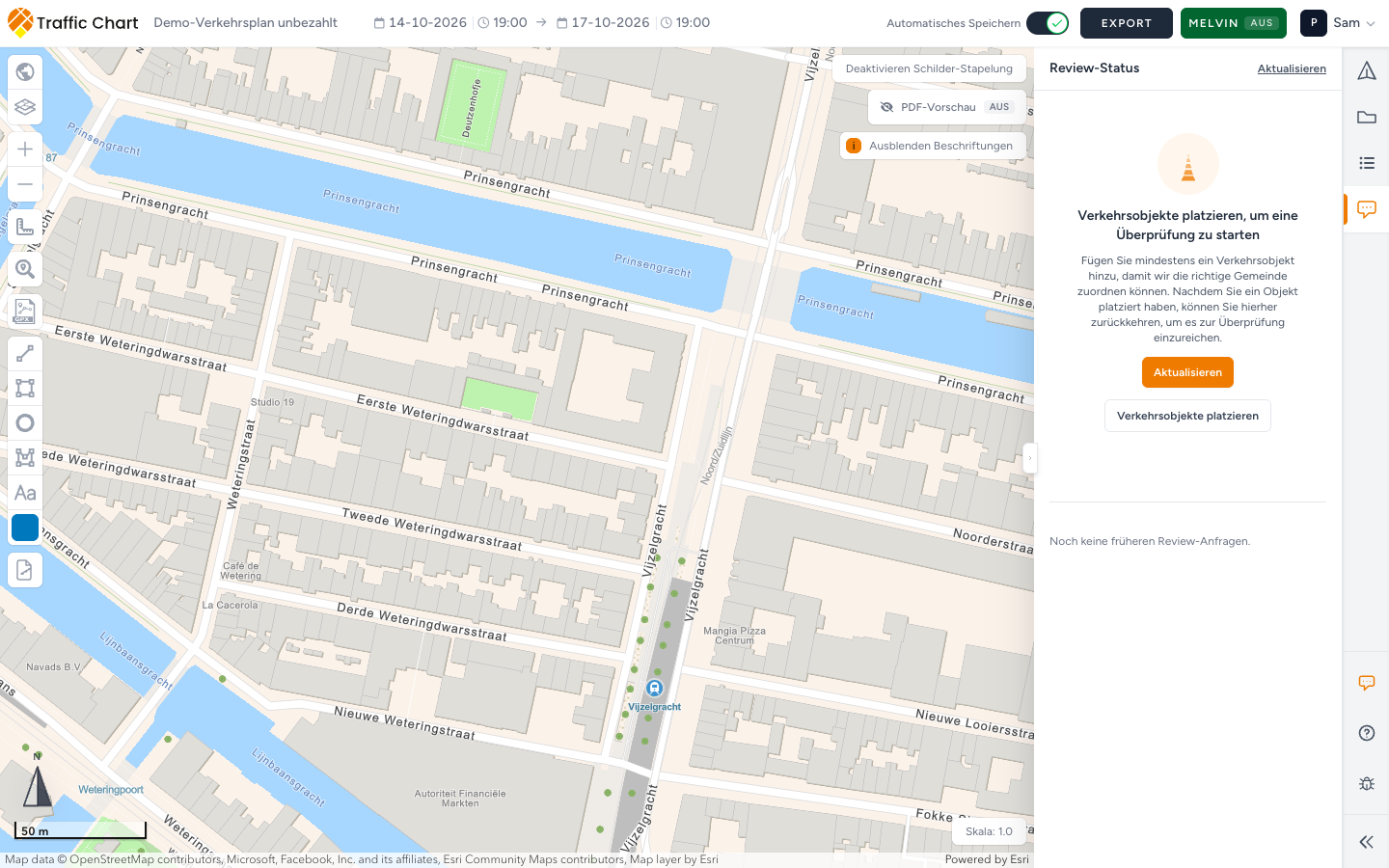 Bereich Kommentare mit dem Hinweis, Verkehrsobjekte zu platzieren, um eine Prüfung zu starten