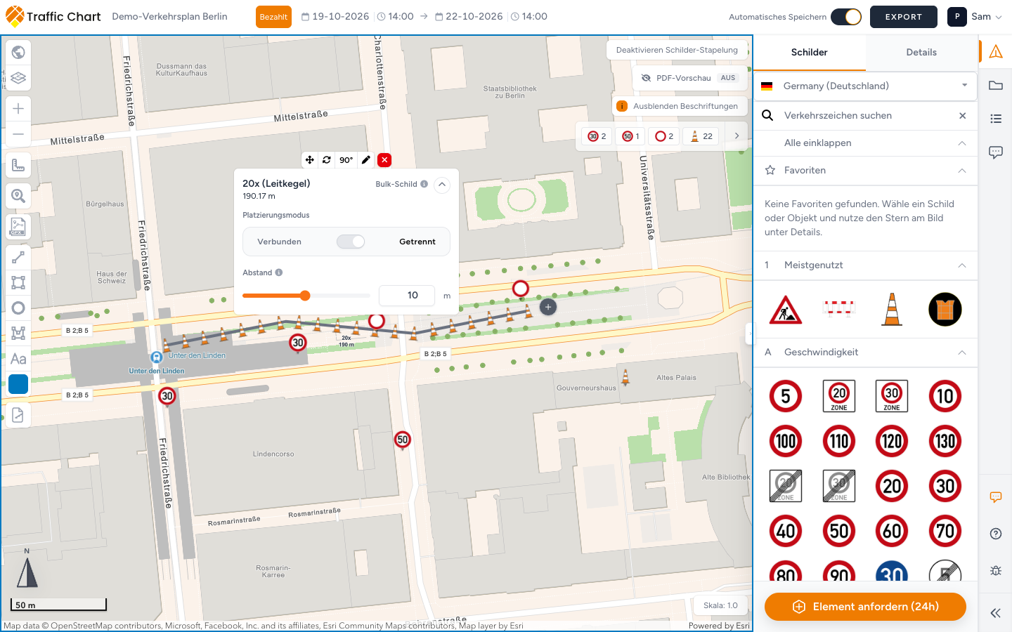 Bulk-Linie entlang einer Straße, mit dem Bereich, der Anzahl, Länge der Linie und Platzierungsmodus zeigt