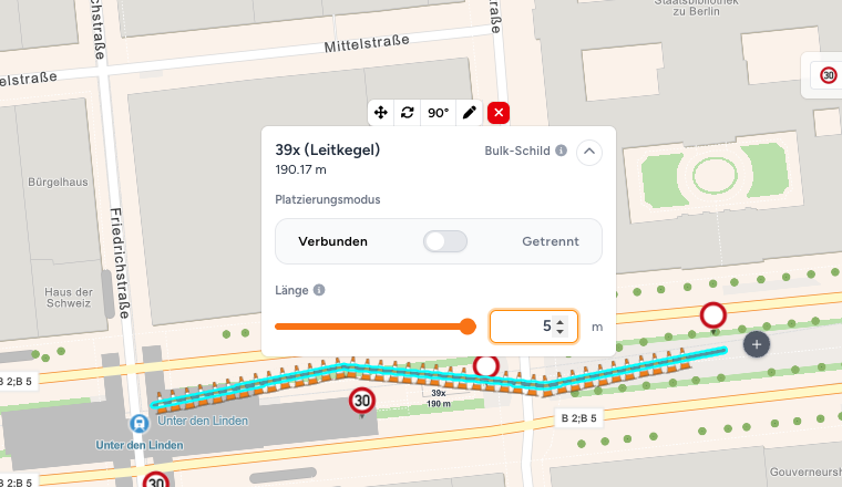 Werkzeugleiste an einer ausgewählten Bulk-Linie: Verschieben, Linie drehen, 90°, Schild bearbeiten und Entfernen, über Anzahl und Platzierungsmodus