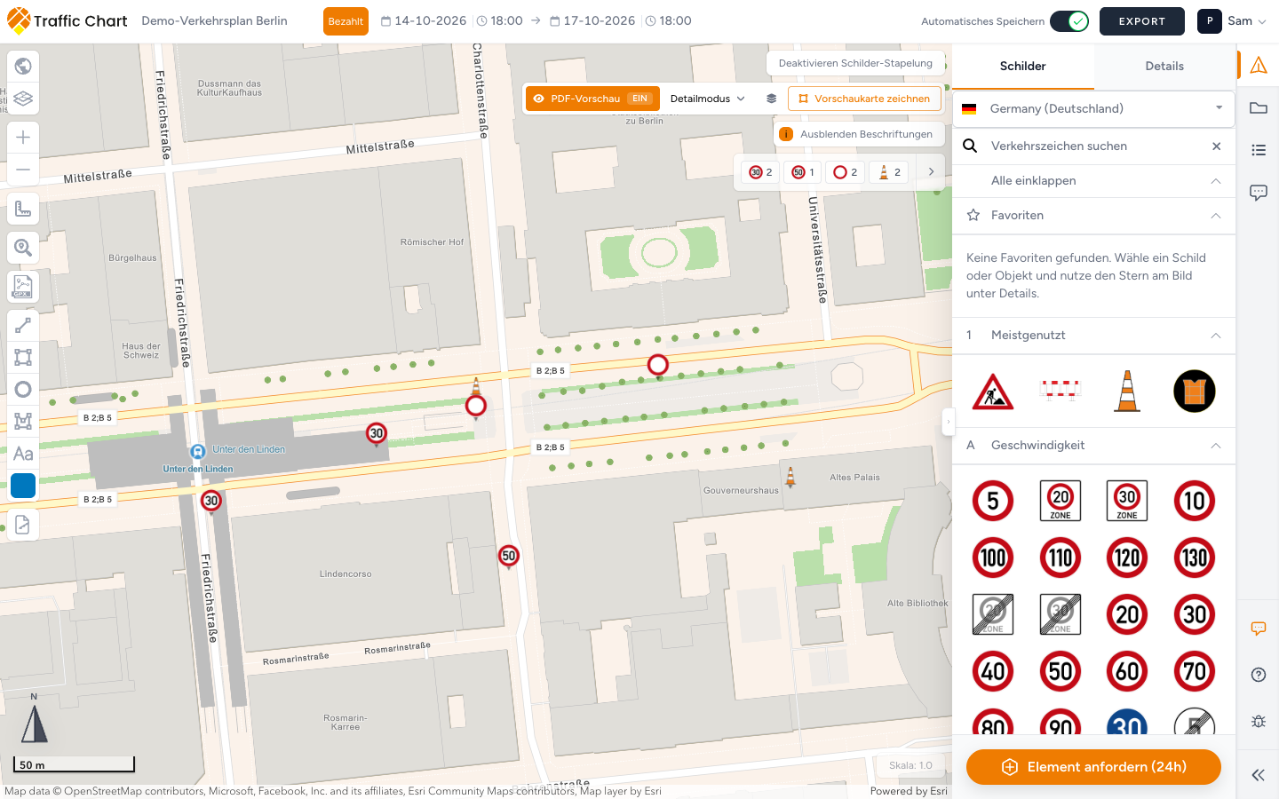 Editor eines Verkehrsplans, nachdem die Karte wirklich gezeichnet ist, mit sichtbaren Kacheln