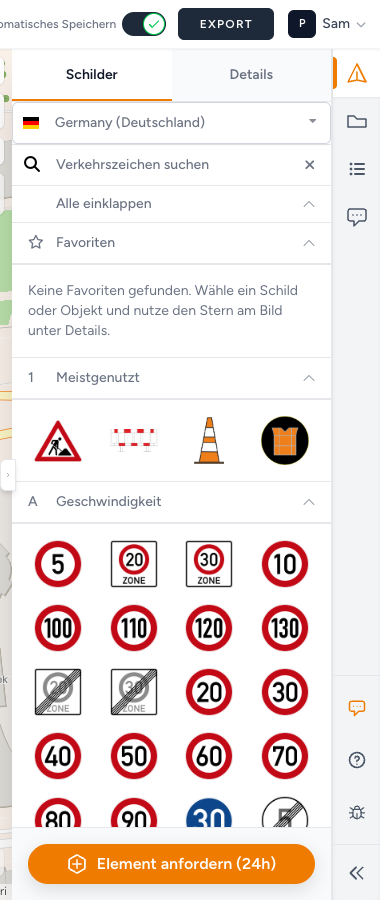 Seitenleiste mit dem Schilderkatalog: Tabs Schilder und Details