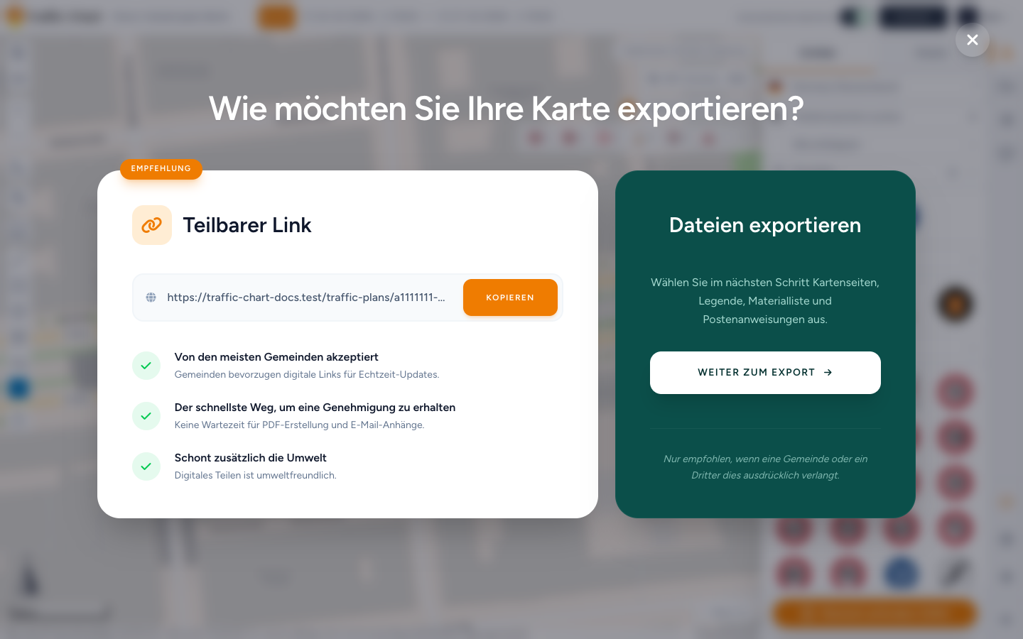 Dialog zur Auswahl beim Export: Teilbarer Link oder Dateien exportieren