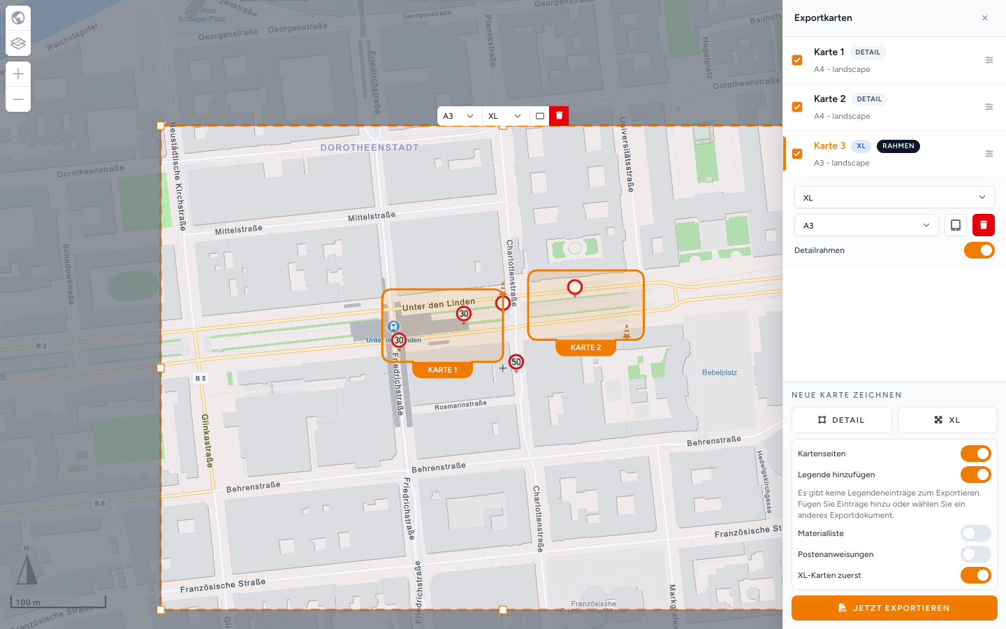 Seitenleiste Exportkarten mit eingeschalteten Detailrahmen für die XL-Karte: Karte 1 und 2 als Detail, Karte 3 als XL mit dem Kennzeichen Rahmen, und nummerierte Rahmen MAP 1 und MAP 2 auf der Karte