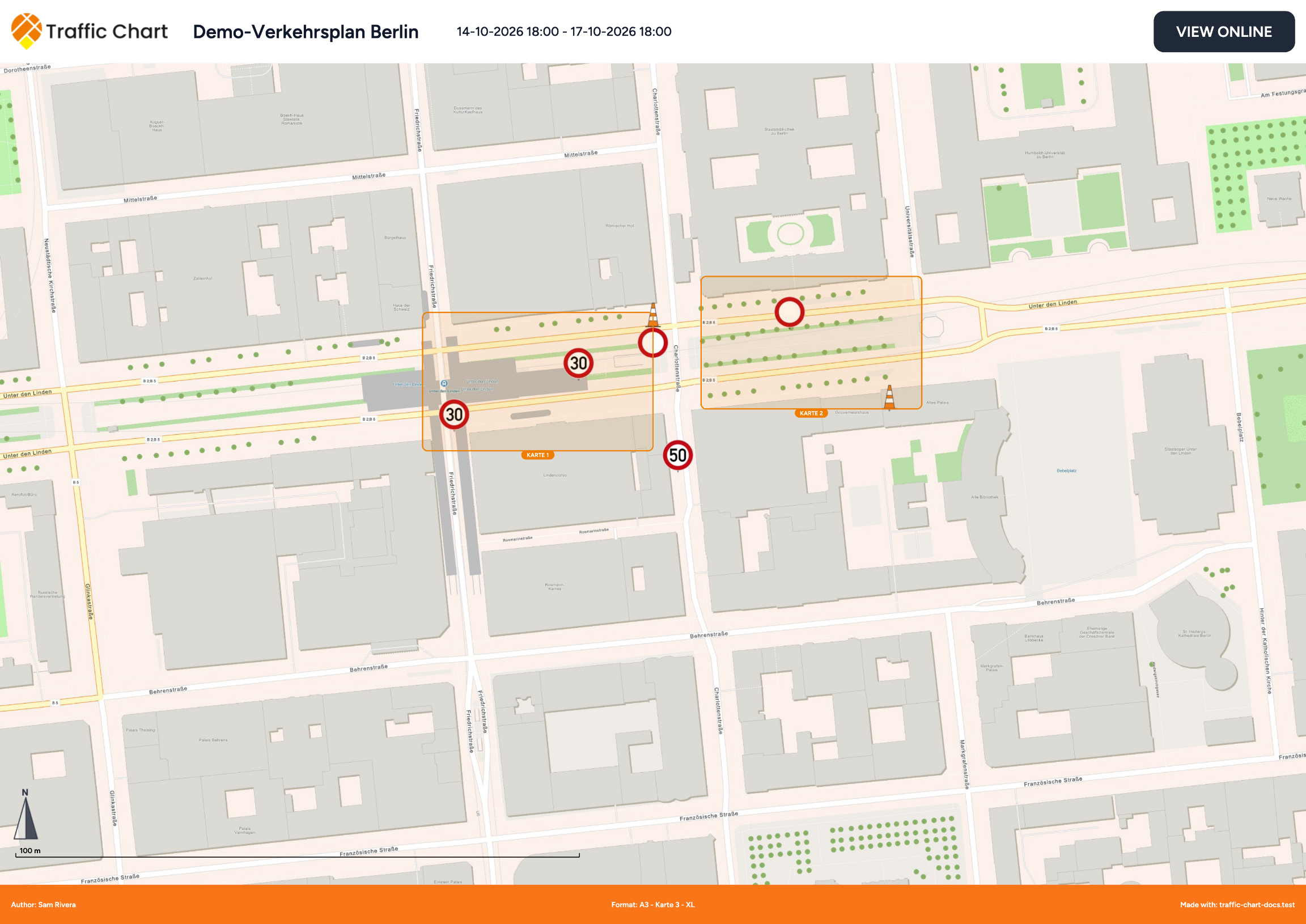 Übersichtsseite des exportierten PDFs: die XL-Karte mit orangen nummerierten Rahmen MAP 1 und MAP 2 für die beiden Detailseiten