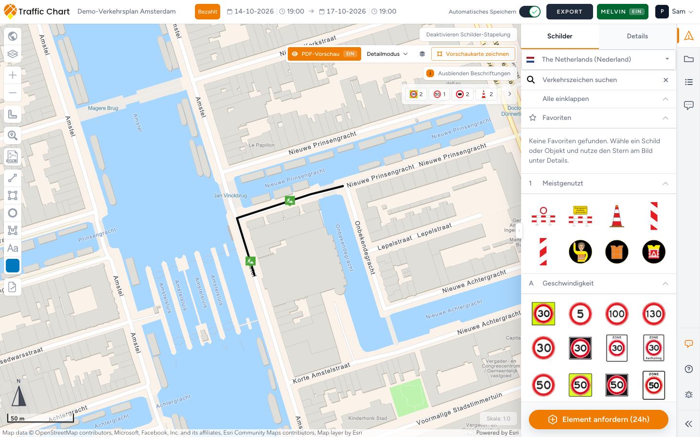 Editor eines Verkehrsplans mit eingeschaltetem Melvin über einer Straße in Amsterdam