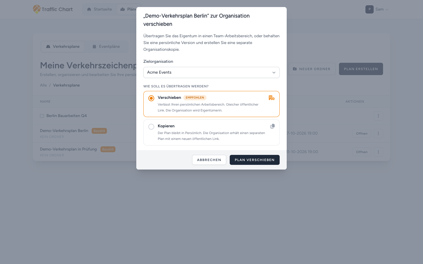 Dialog zum Verschieben eines Demo-Verkehrsplans in eine Organisation: Verschieben (empfohlen) oder Kopieren