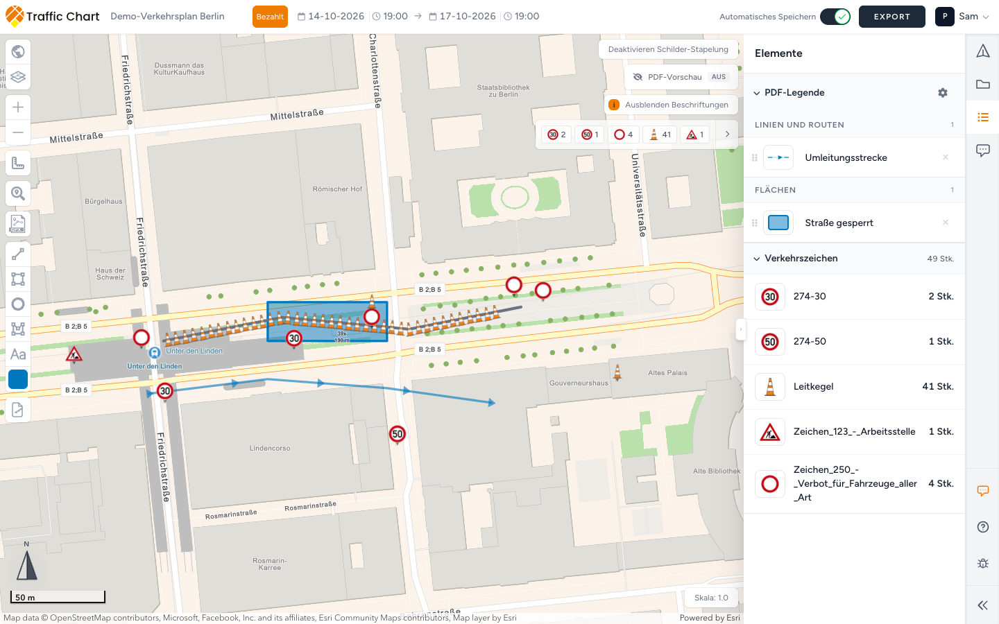 Ein fertiger Umleitungsplan: Sperrschilder und eine Reihe Leitkegel in der gesperrten Straße, eine Umleitungslinie mit Pfeilen in der Nachbarstraße, und die Legende mit Umleitungsstrecke und Straße gesperrt