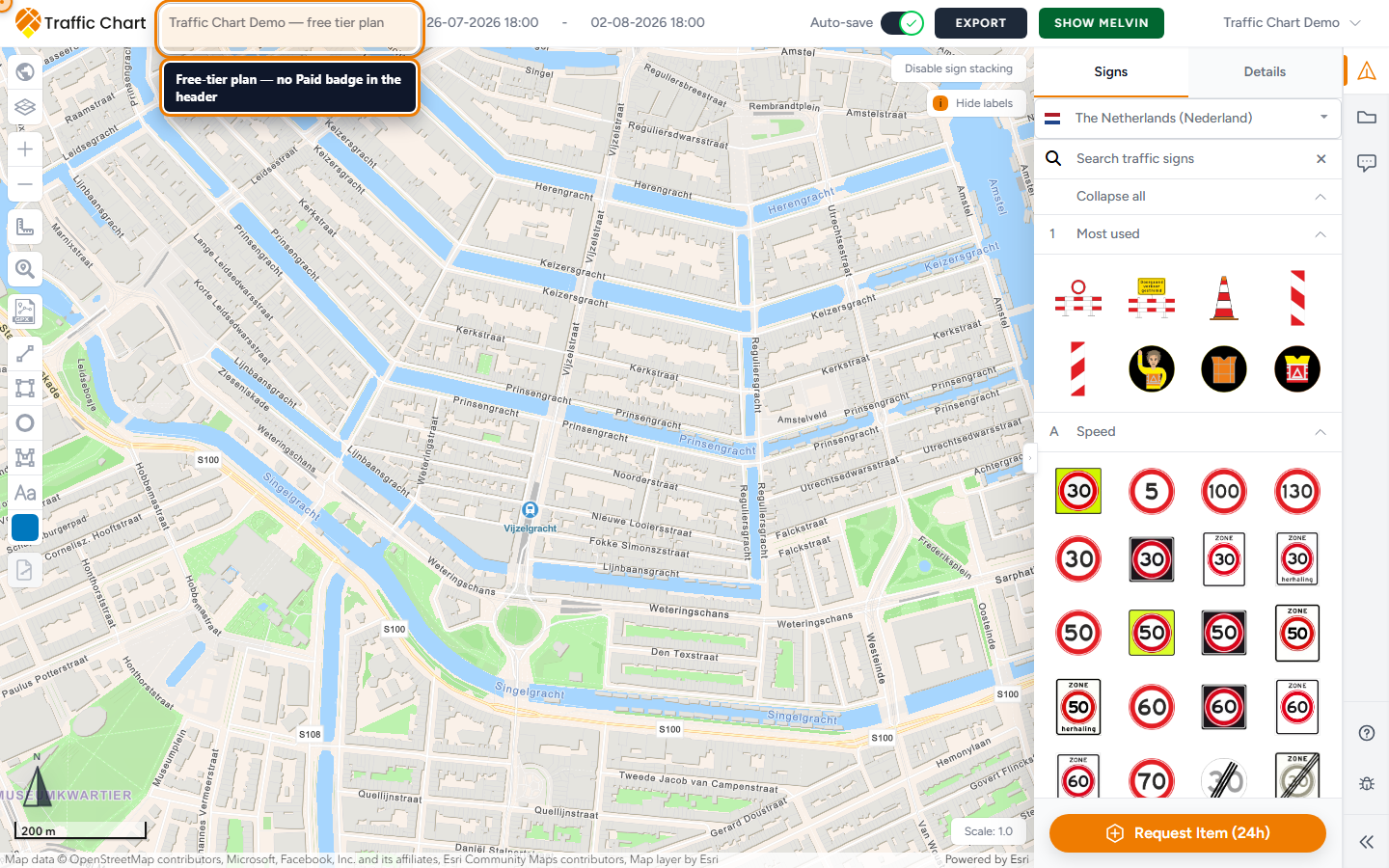 Unpaid traffic plan in the editor before checkout — no Paid badge