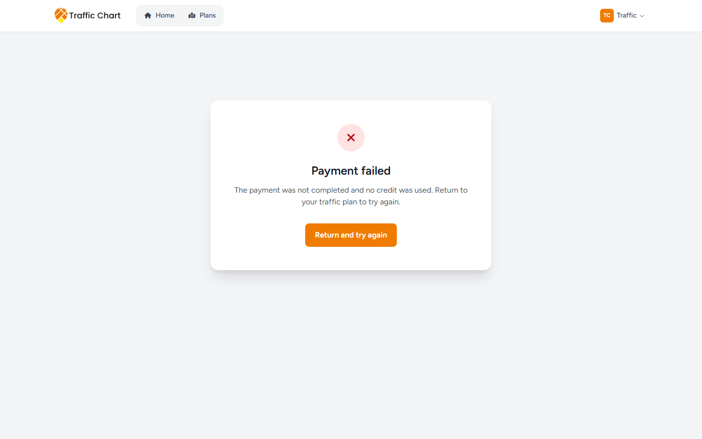 Payment status — Payment failed, Return and try again
