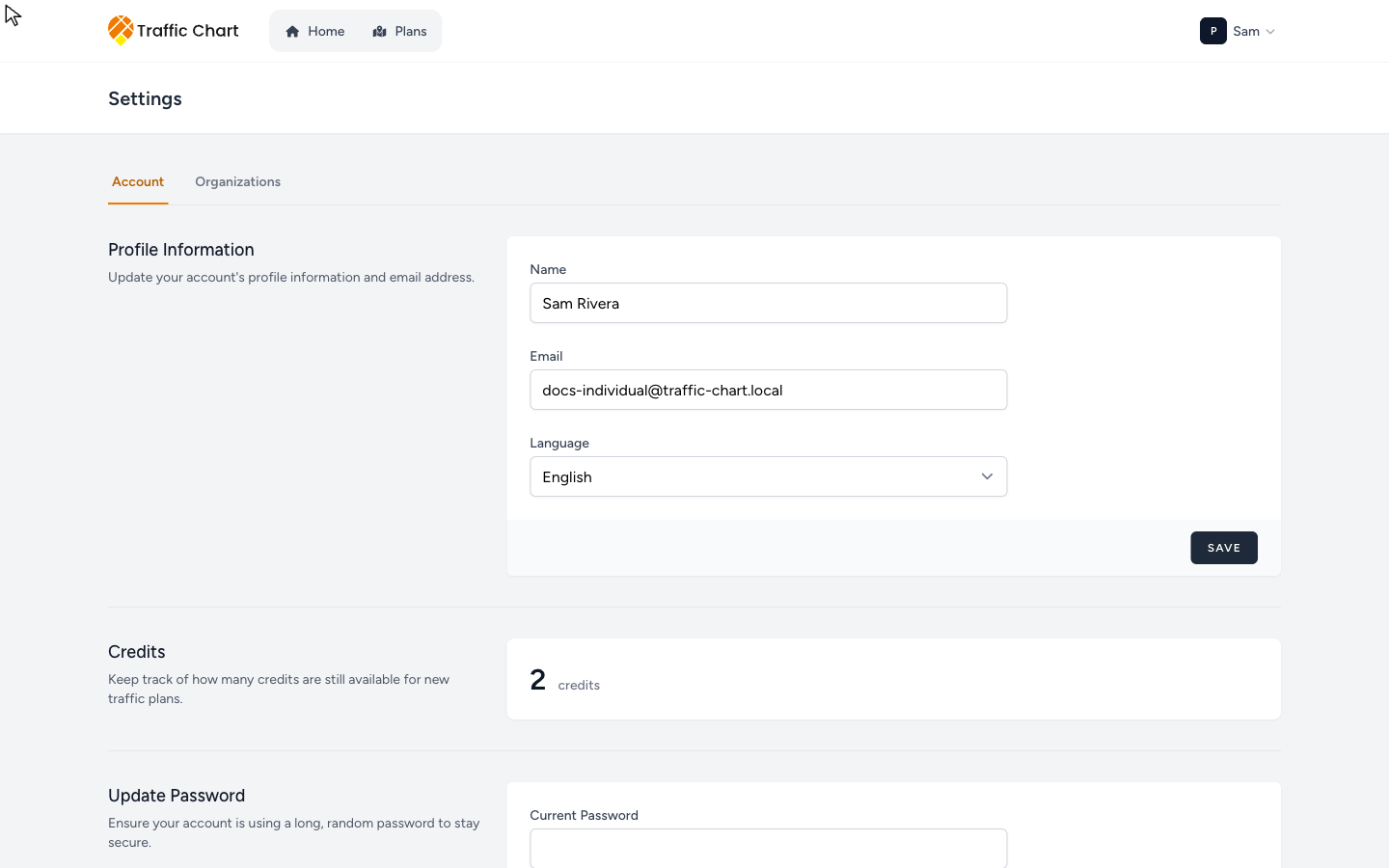 Settings with Account and Organizations tabs, Profile Information, and Company Logo