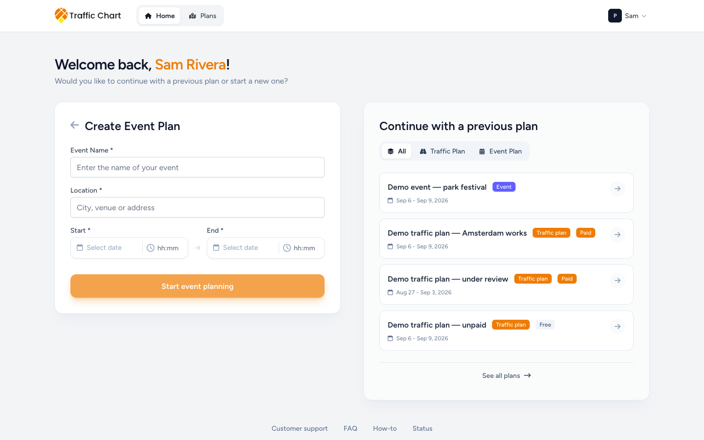 Create event plan form — Event Name, Location, dates, Start event planning