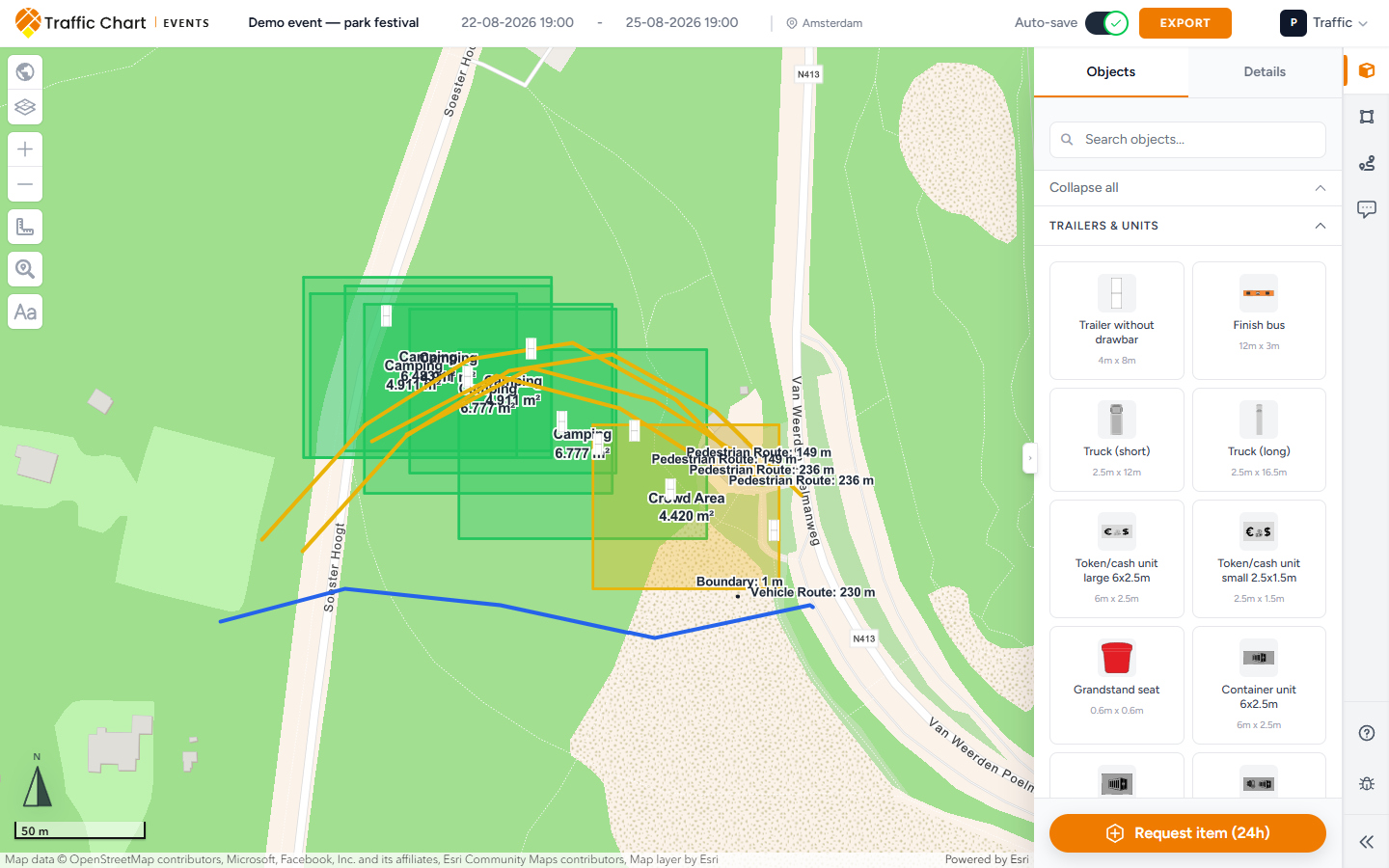 Event plan editor with a painted map, Objects catalogue, and Request item (24h)